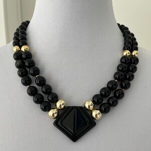 VINTAGE Genuine Lucite Black Double Strand Beads Necklace Geometric Pendant